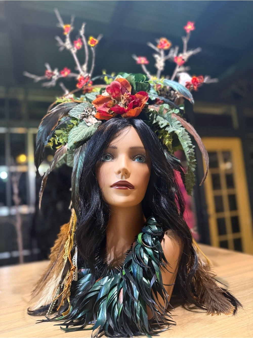Boho Feather Floral Headdress with Dark Feather Necklace